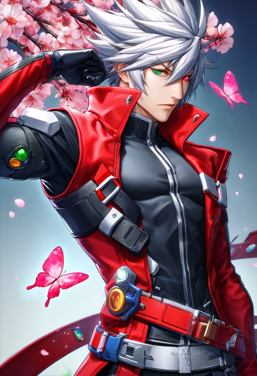 (absurdres, highres, ultra detailed, HDR) master piece, best quality, delicated features, Ragna the bloodedge, white spiky hair, heterochromia, his left eye being green, his right being red, Blazblue, his clothing consists of a hybrid of modern, futuristic and old features, he wears a vibrant red sleeved jacket, under it is a black shirt with three red belts and also several belts covering his right arm, he wears a pair of black gloves, solo, sexy man, handsome, water, blossoms, pink butterflies, pink flowers