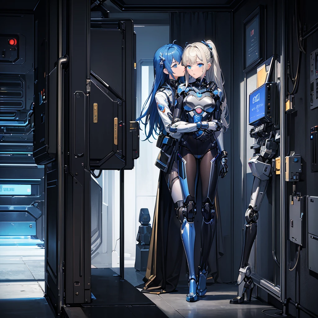 (masterpiece:1.2) (((32k))),(((Highest quality))), masterpiece, add_detail best quality, 8k, high resolution, Poster, Futuristic, blue shades, robotic man, love scene between a girl and a robot, girl and robot romantic scene, girl touching the robot check, in love, romantic, human girl and male robot, girl and robot in love, kissing, hugging, emotional