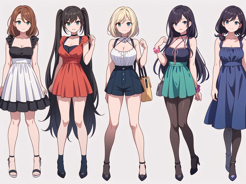 (((Best Quality))) , ((full body)), 4 lady, adult woman, multiple views, white background, variety of hairstyles, variety of fashion styles, seductive pose, fashionable and trendy atmosphere, holding bag, summer outfits, walk pose, dark blue/dark orange/dark green/dark violet/brown/white, short shorts, cleavage,