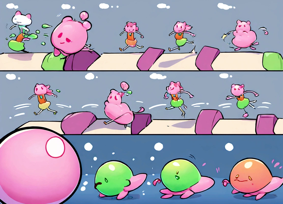 Create a series of frames for a 2D platformer game character featuring a pink jelly running animation cycle. The character should be a cute, squishy pink jelly with a playful and bouncy movement. Design each frame to show the jelly in different stages of its running motion, emphasizing the stretch and squash effects to convey a fluid, gelatinous movement. Ensure the frames loop smoothly to create a continuous running animation. The overall style should be colorful and whimsical, fitting a fun and magical game environment