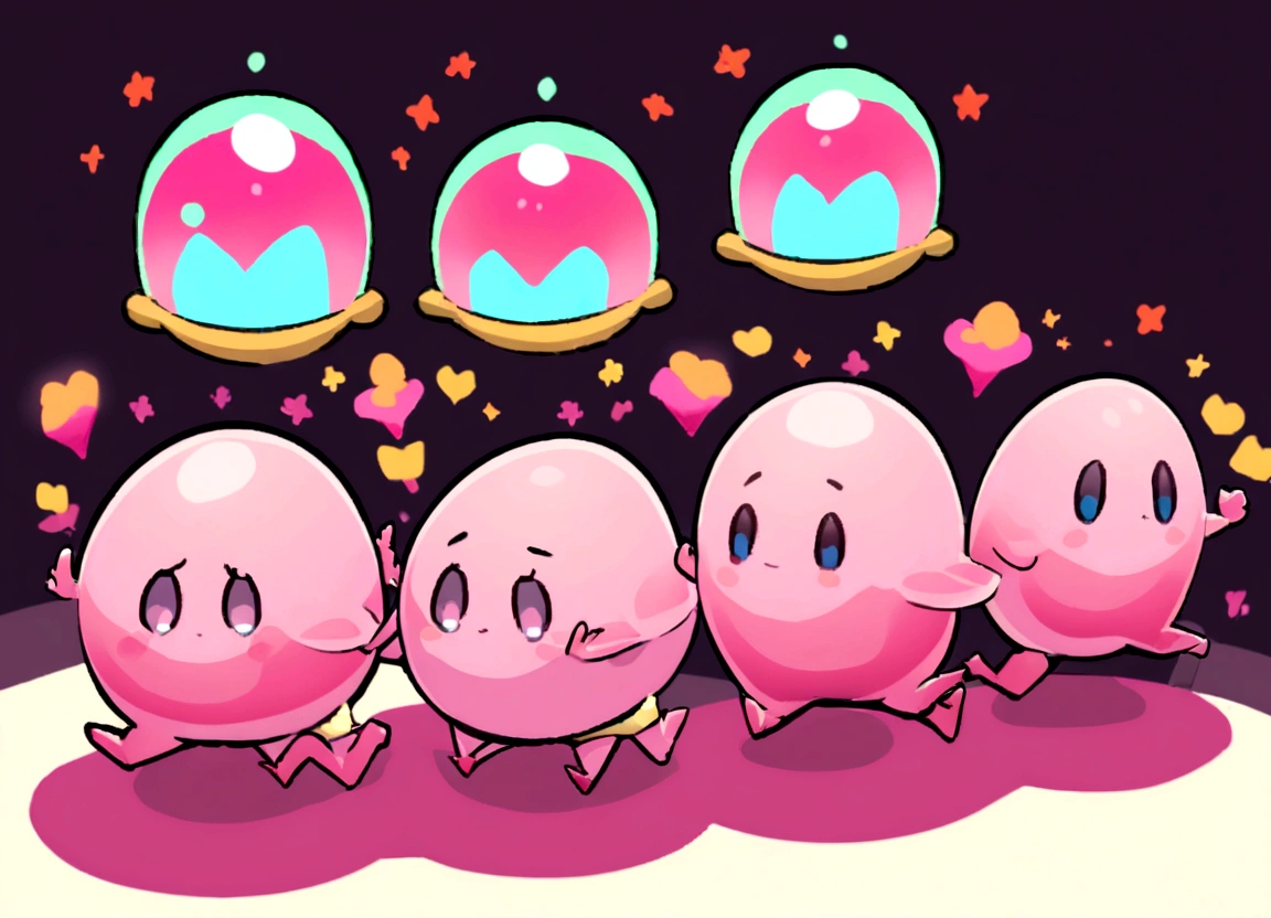 Create a series of frames for a 2D platformer game character featuring a pink jelly running animation cycle. The character should be a cute, squishy pink jelly with a playful and bouncy movement. Design each frame to show the jelly in different stages of its running motion, emphasizing the stretch and squash effects to convey a fluid, gelatinous movement. Ensure the frames loop smoothly to create a continuous running animation. The overall style should be colorful and whimsical, fitting a fun and magical game environment