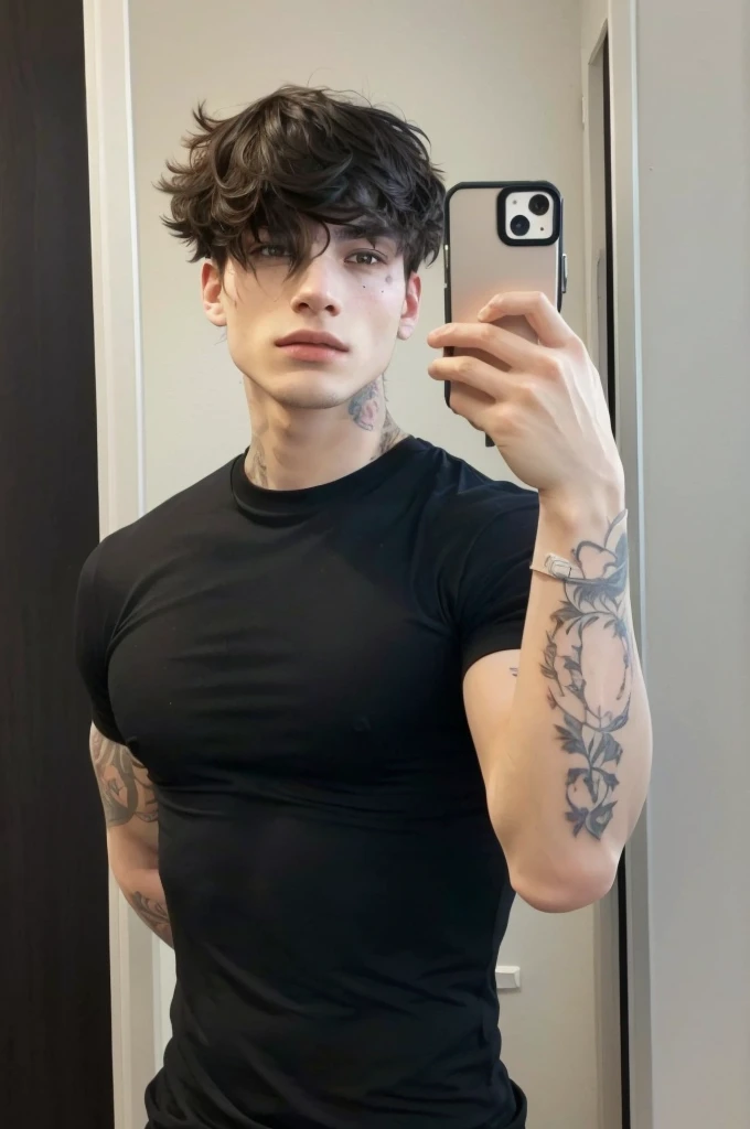 chiseled man taking a selfie in the mirror with a cell phone, style of seb mckinnon, young handsome and pale rome, with tattoos, I agree with you, profile image, taken at the beginning of 2020, marco lense, 18 years old, Rafael Personaz, tatuados, young and slim man, zac retz, non-binary model