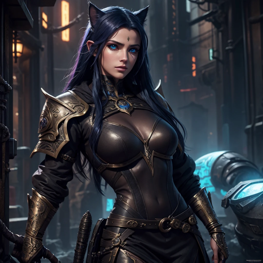 cinematic fantasy cyberpunk outfit, photorealistic, 8k, best quality, dramatic colors, intricate corpo lindo armor, beautiful tiefling woman, extremely detailed eyes and face, beautiful detailed eyes, beautiful detailed lips, long eyelashes, giant cat pet, masterpiece