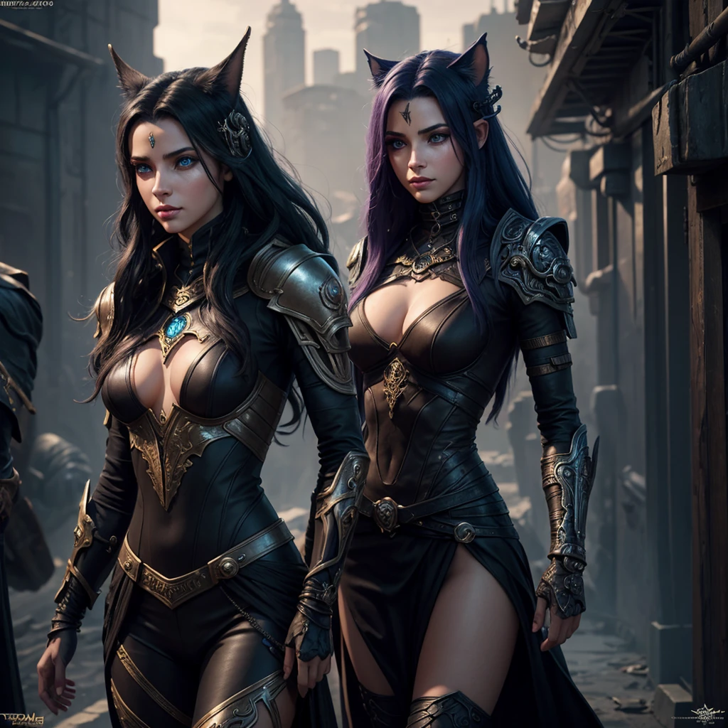 cinematic fantasy cyberpunk outfit, photorealistic, 8k, best quality, dramatic colors, intricate corpo lindo armor, beautiful tiefling woman, extremely detailed eyes and face, beautiful detailed eyes, beautiful detailed lips, long eyelashes, giant cat pet, masterpiece