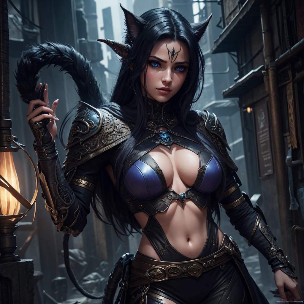 cinematic fantasy cyberpunk outfit, photorealistic, 8k, best quality, dramatic colors, intricate corpo lindo armor, beautiful tiefling woman, extremely detailed eyes and face, beautiful detailed eyes, beautiful detailed lips, long eyelashes, giant cat pet, masterpiece