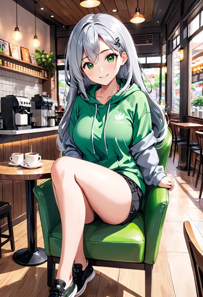 Pretty asian woman, bright silver hair, long hair, green eyes, , black shorts and a green hoodie, cute, sitting in a chair ,coffee shop environment, pretty smile, anime style, full body photo