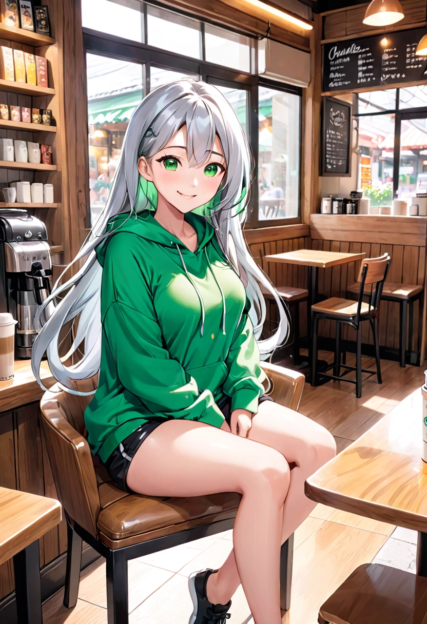 Pretty asian woman, bright silver hair, long hair, green eyes, busty, black shorts and a green hoodie, cute, sitting in a chair ,coffee shop environment, pretty smile, anime style, full body photo