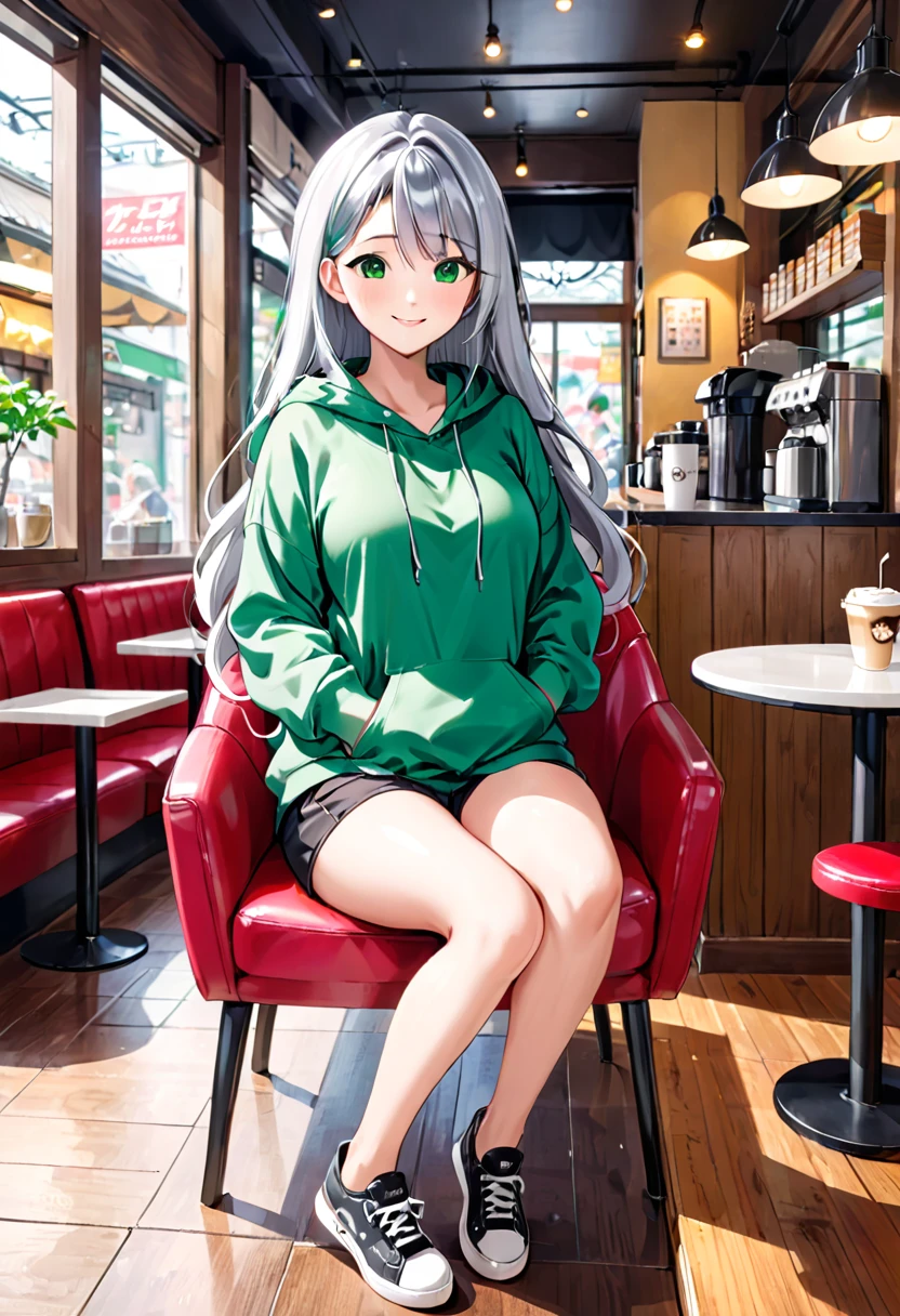 Pretty asian woman, bright silver hair, long hair, green eyes, busty, black shorts and a green hoodie, cute, sitting in a chair ,coffee shop environment, pretty smile, anime style, full body photo