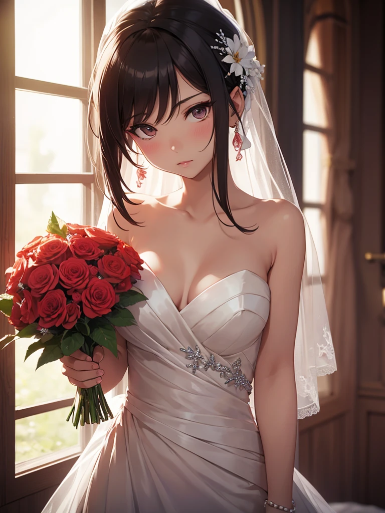 Masterpiece:1.2, best quality), realistic, (Real picture, complicated details, depth of field), (1 girl, alone), put on makeup, Chapped lips, มีรายละเอียดhigh, perfect face, (scalping), thick thighs, wide , small waist, high, glossy coral lips,, (Young woman in a wedding dress with flowers in her hand )), , blushing, Mikasa from AOT