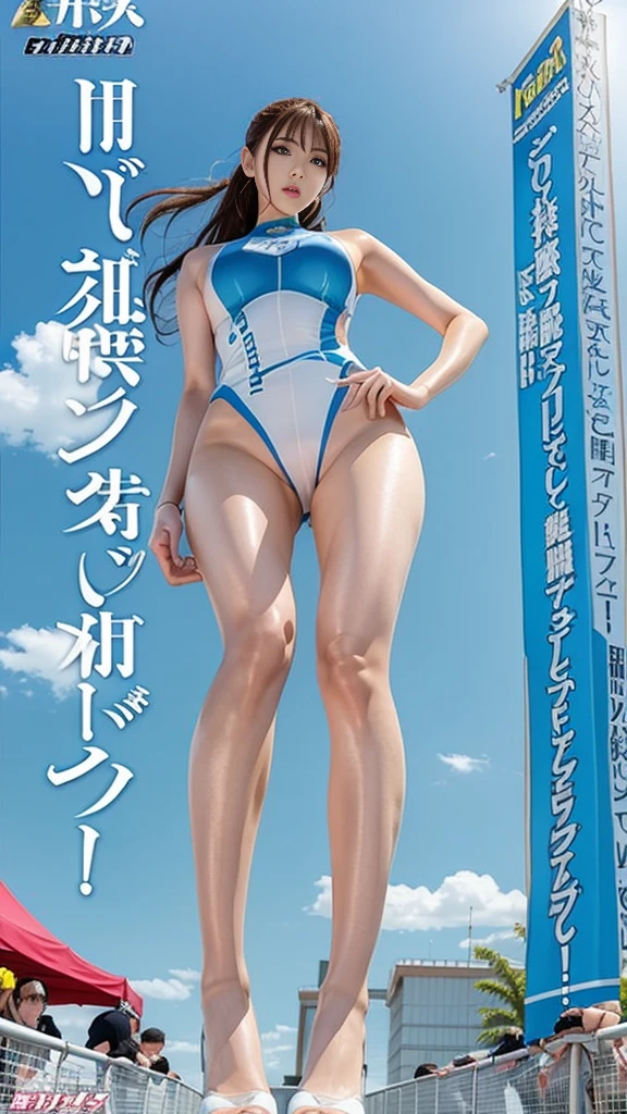 A beautiful tall, long-legged and busty race queen cosplayer standing at a race venue, seen from below