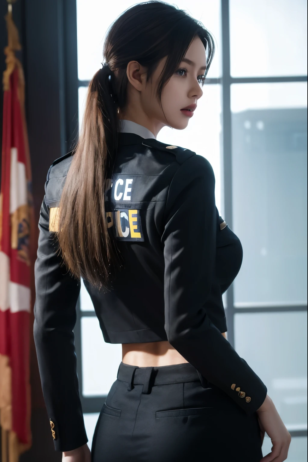 (masterpiece quality), 1girl , Claire, back, wear police uniform, long hair