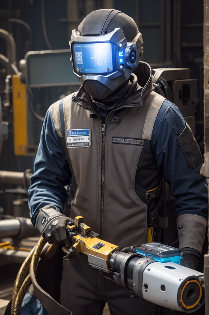 A welder of the future with the technological welding mask and a robotic suit 