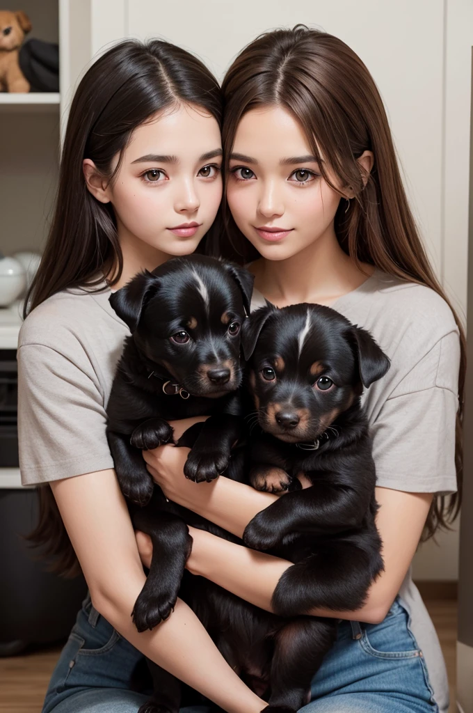 Two brown haired sisters together. One holding a black puppy and the other a gray puppy.