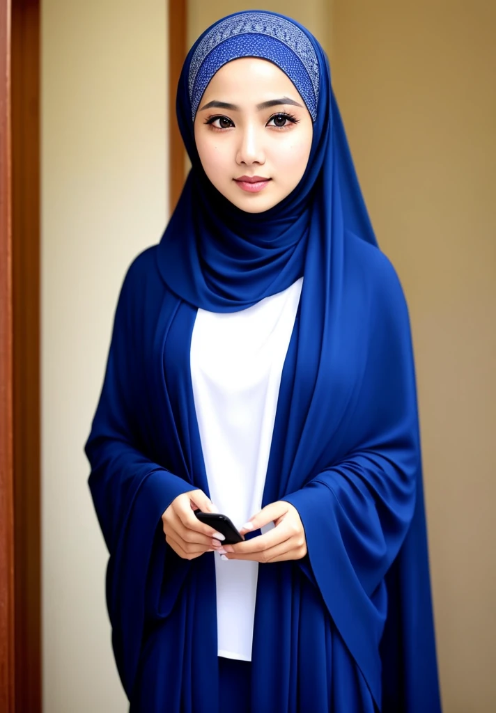 woman in a blue hijab holding a cell phone, malaysian, shawl, hijab, naked with big