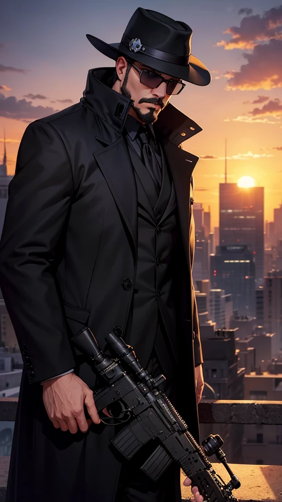A city with a beautiful sunset with a man with a goatee and dark glasses and a black coat and black hat and a skull mask in his pocket with an improved sniper rifle and aiming