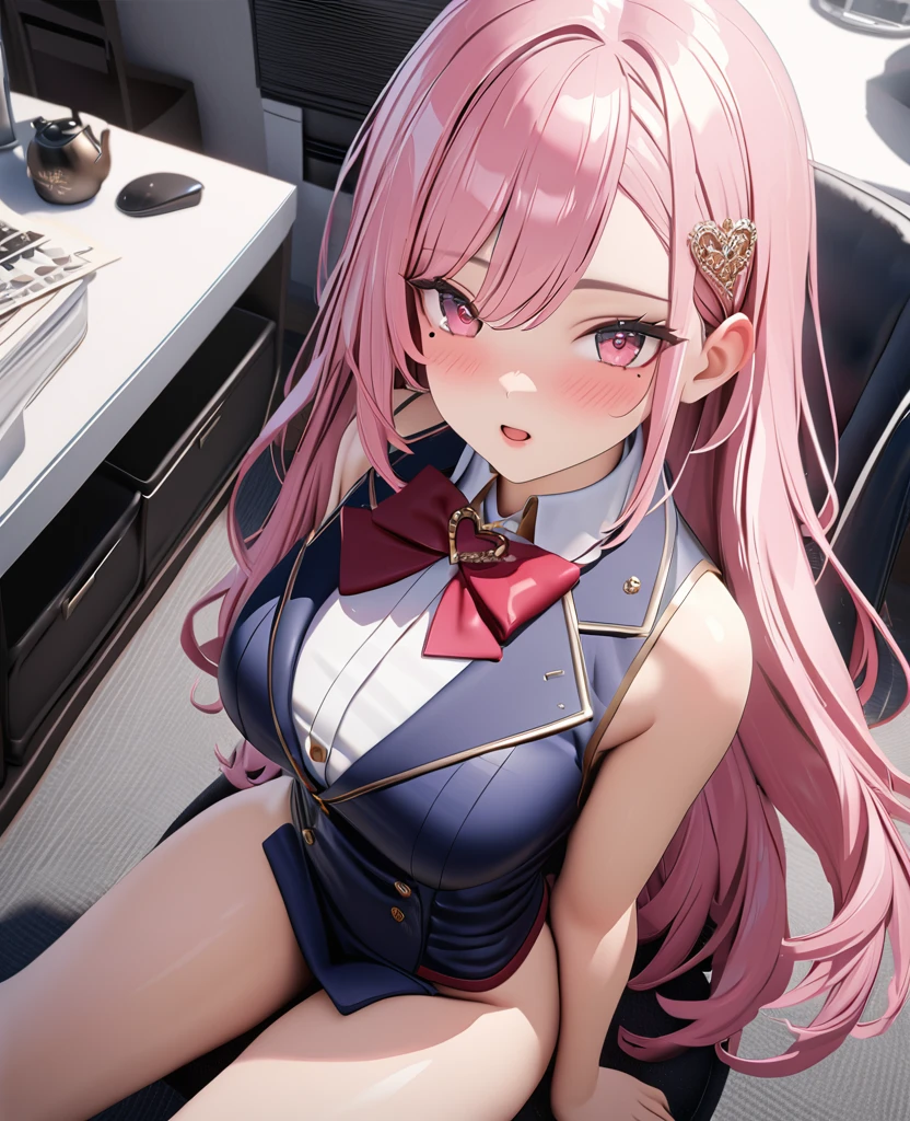 masterpiece, best quality, highly detailed, high resolution, expensive resolution, high resolution, 4k, 8k, Unity 8k wallpaper, highly detailed CG, masterpiece, 2d, 3d, beautiful details, depth, fine texture, best quality: 1.3, perfect focus, crispy skin, him, very cute anime 20s girl, sexy uniform in secretary department, big breasts, expensive pink medium long hair, above the knees, secretary's office, mole under eye, looking at the viewer, expensive, mole, open lips,, heart, pink eyes, heart choker