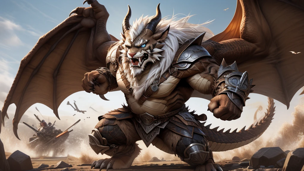 head、Animal cat face、A pair of dragon horns，No wings，Full body of fluffy white hair、Heavy breathing、Gnashing of teeth,Serious expression,Fluffy belly、Leather Armor，Viking style，wildcat、blue eyes，(contour）Full body covered with long white hair、Hairy body、Long and thick armpit hair、Fangs、War Background，Sharp claws、Capture the composition of the whole body、 Holding a rune-carved bow,Fighting Stance，Ultra-clear，high quality