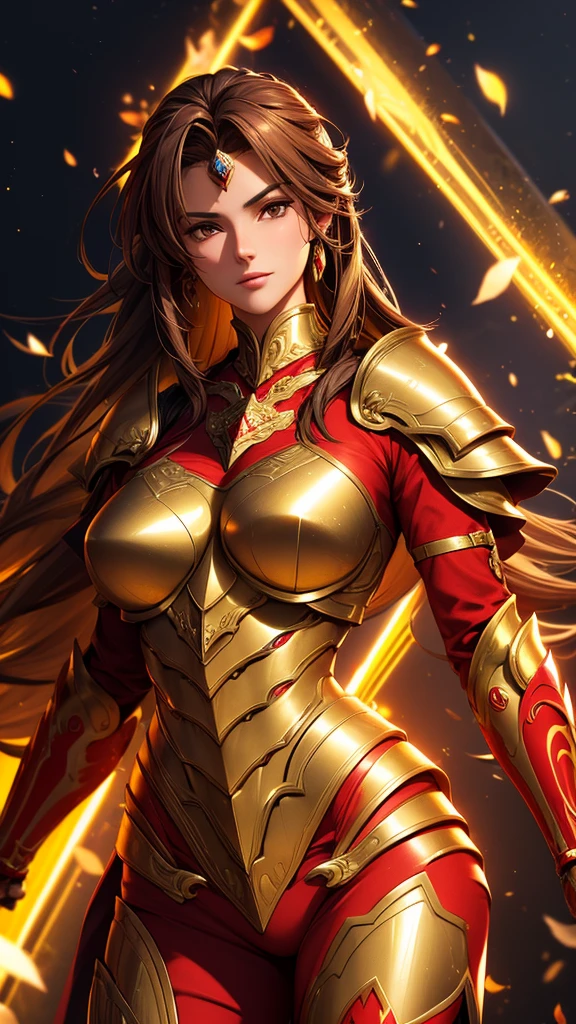 Lady Athena in her war armor, detailed armor of golden and red, her mature look is so elegant, HD, 4K