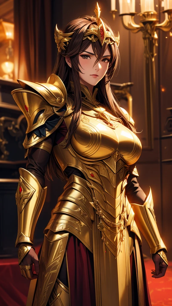 Lady Athena in her war armor, detailed armor of golden and red, her mature look is so elegant, HD, 4K