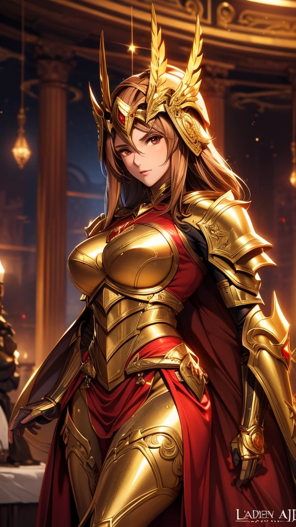 Lady Athena in her war armor, detailed armor of golden and red, her mature look is so elegant, HD, 4K