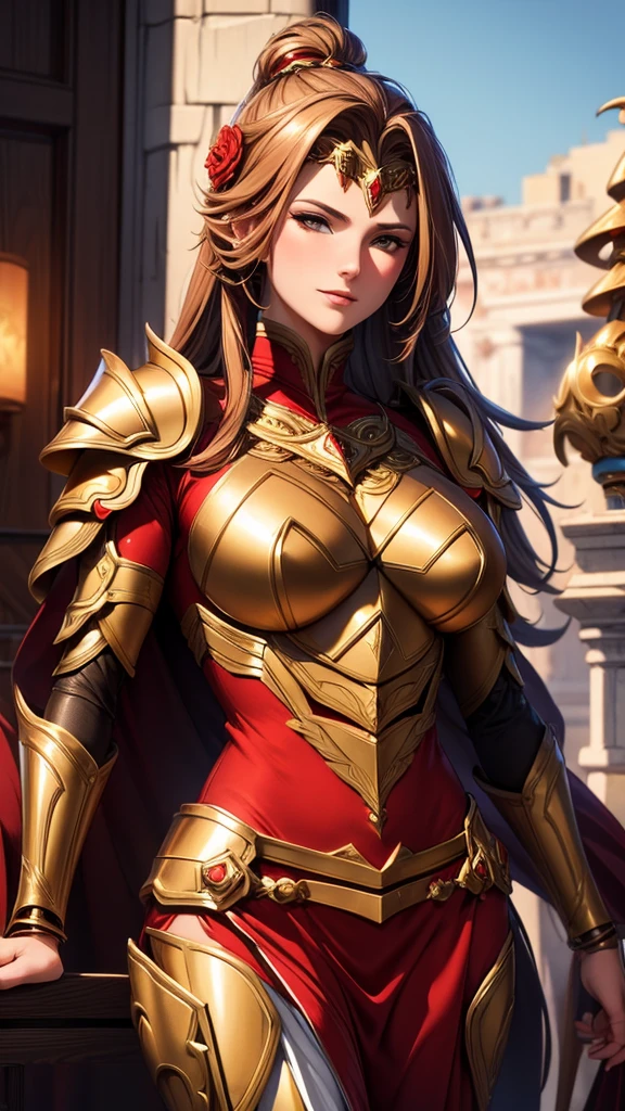 Lady Athena in her war armor, detailed armor of golden and red, her mature look is so elegant, HD, 4K