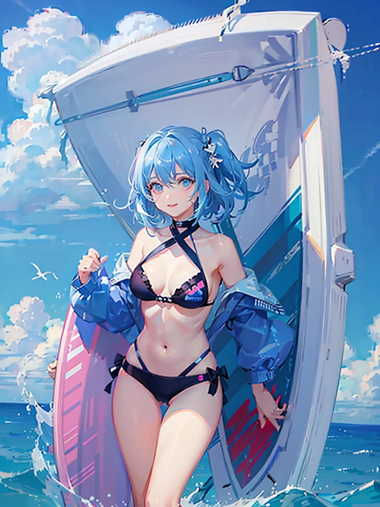 Ocean、blue sky、One girl、Light blue hair、bangs、Big Eyes、Pink Bikini、Holding a surfboard、Looking this way and smiling、Highest品質, High definition, Ultra-fine, Highest_detailed