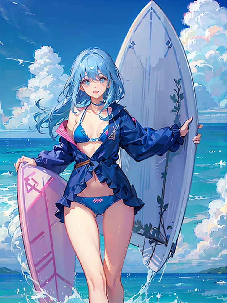Ocean、blue sky、One girl、Light blue hair、bangs、Big Eyes、Pink Bikini、Holding a surfboard、Looking this way and smiling、Highest品質, High definition, Ultra-fine, Highest_detailed