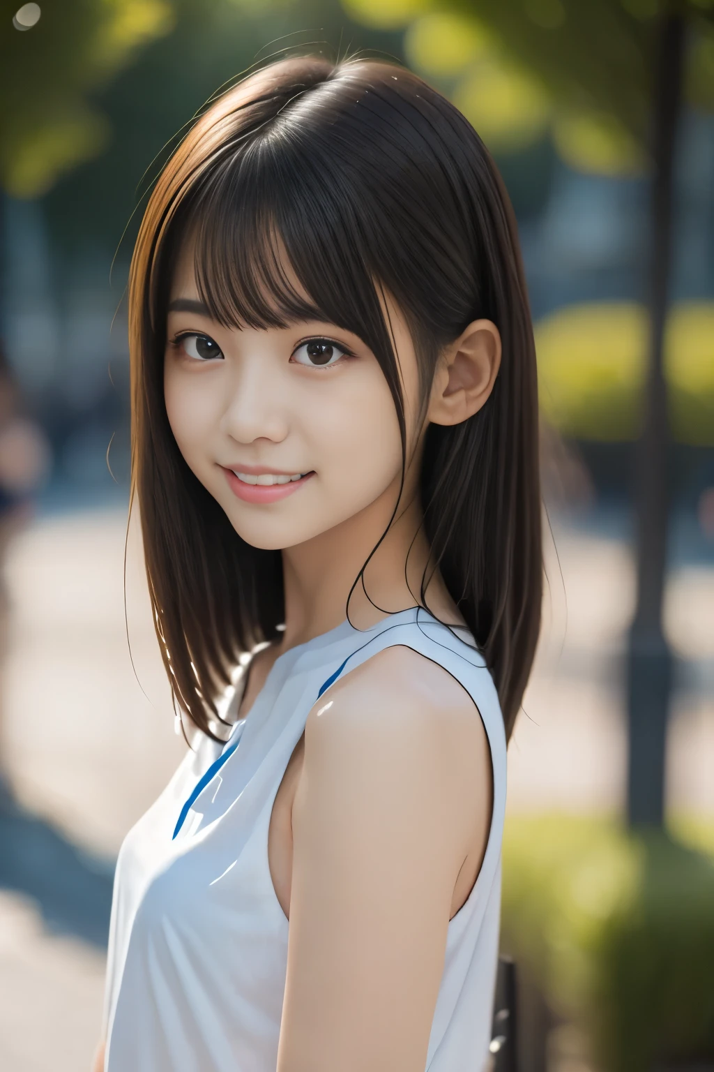 One Girl, ((White sleeveless shirt:1.2)), (A cute idol-like face:1.2), (RAW Photos, Highest quality), (Realistic, Realistic:1.4), Tabletop, Very delicate and beautiful, Very detailed, 8k wallpaper, wonderful, In detail, Very detailedなCG Unity, High resolution, Soft Light, 美しくIn detail描かれた18歳の少女, Very detailedな目と顔, Beautiful and detailed nose, Beautiful details,Cinema Lighting, (Solid white background),Perfect Anatomy,Slender body, (My hair is messy, Asymmetrical bangs, Light brown hair,),smile,  Beautiful slim figure, sexy,