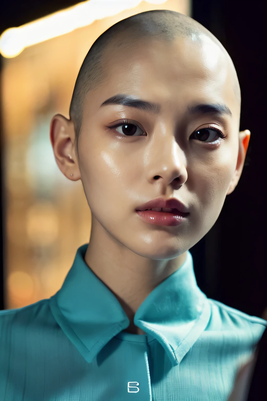 (Cinematic Aesthetic:1.4) Photo of a beautiful korean fashion model , bald,sexy cheekbones,