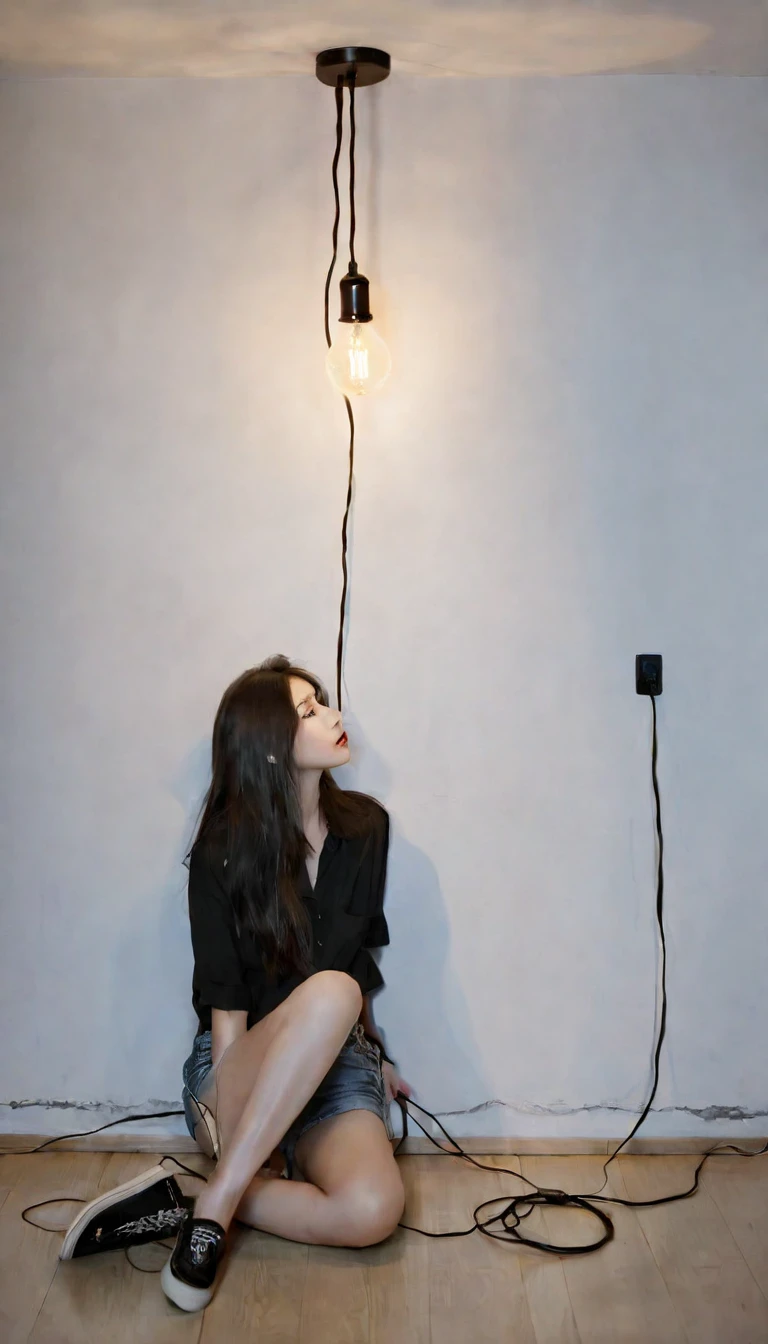a woman wearing a black shirt and black denim shorts with long black hair she is in a small, empty room with gray walls she is sitting on the floor with her back against the wall there is a light bulb that is coming from the ceiling with a very long wire to it woman is holding the lamp by the cord close to her face the lamp is on illuminating the room, the entire image has a slightly grayish tone the perspective of the image is frontal where we can see the woman and her dark brown eyes, she wears makeup around her eyes, behind the woman is the gray wall, the floor is woody.