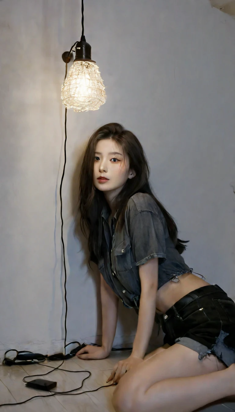 a woman wearing a black shirt and black denim shorts with long black hair she is in a small, empty room with gray walls she is sitting on the floor with her back against the wall there is a light bulb that is coming from the ceiling with a very long wire to it woman is holding the lamp by the cord close to her face the lamp is on illuminating the room, the entire image has a slightly grayish tone the perspective of the image is frontal where we can see the woman and her dark brown eyes, she wears makeup around her eyes, behind the woman is the gray wall, the floor is woody.