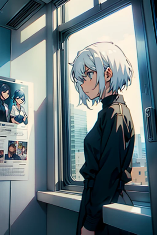 Girl with short white hair small and really skinny, looking out window, manga page with panels and dialogue    