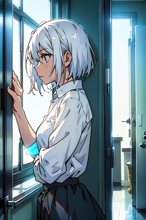 Girl with short white hair small and really skinny, looking out window, manga page with panels and dialogue    
