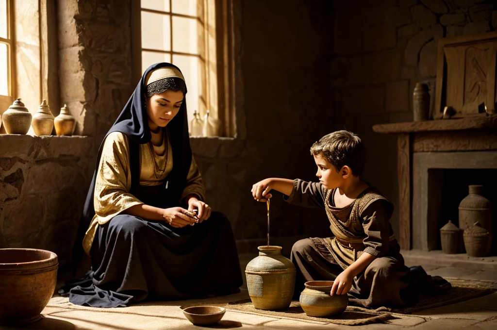 ((widow pouring oil into a vessel beside her son)), (ancient Middle Eastern village), (widow pouring oil from a jar while Elisha looks on), (biblical narrative moment), (modest home with clay walls and simple furnishings), (soft, natural light filtering through a window), (inspired by Rembrandt), (realistic), (digital painting), (historical scene), (earthy tones with highlights of gold and brown), (high resolution, ultra-detailed), (masterpiece quality)