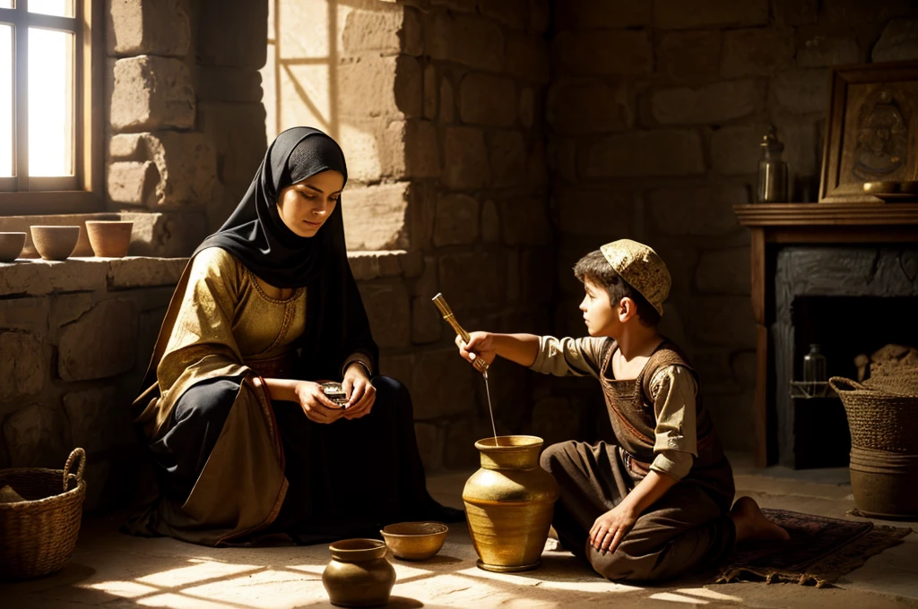 ((widow pouring oil into a vessel beside her son)), (ancient Middle Eastern village), (widow pouring oil from a jar while Elisha looks on), (biblical narrative moment), (modest home with clay walls and simple furnishings), (soft, natural light filtering through a window), (inspired by Rembrandt), (realistic), (digital painting), (historical scene), (earthy tones with highlights of gold and brown), (high resolution, ultra-detailed), (masterpiece quality)