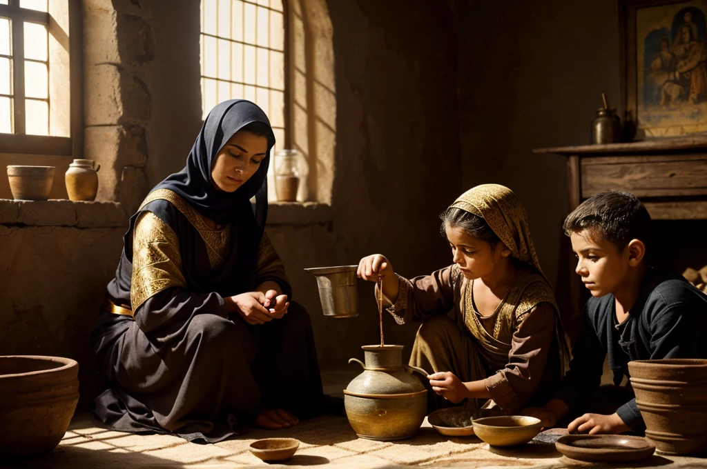 ((widow pouring oil into a vessel beside her son)), (ancient Middle Eastern village), (widow pouring oil from a jar while Elisha looks on), (biblical narrative moment), (modest home with clay walls and simple furnishings), (soft, natural light filtering through a window), (inspired by Rembrandt), (realistic), (digital painting), (historical scene), (earthy tones with highlights of gold and brown), (high resolution, ultra-detailed), (masterpiece quality)
