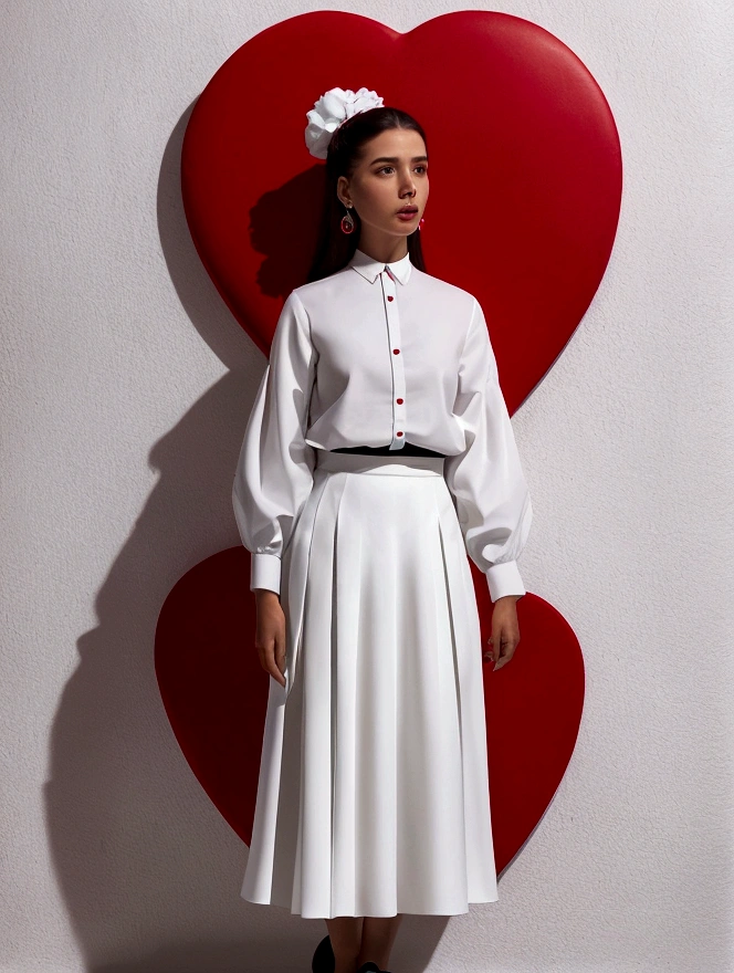 puffy woman in white shirt and black skirt in front of a red and white wall, by Amélia Peláez, Andreia Rocha, fernanda suarez, by Antônio Parreiras, on a dark background, valentine shuffle, alanis guillen, by Alejandro Obregón, corporate photo, Julia Fontes