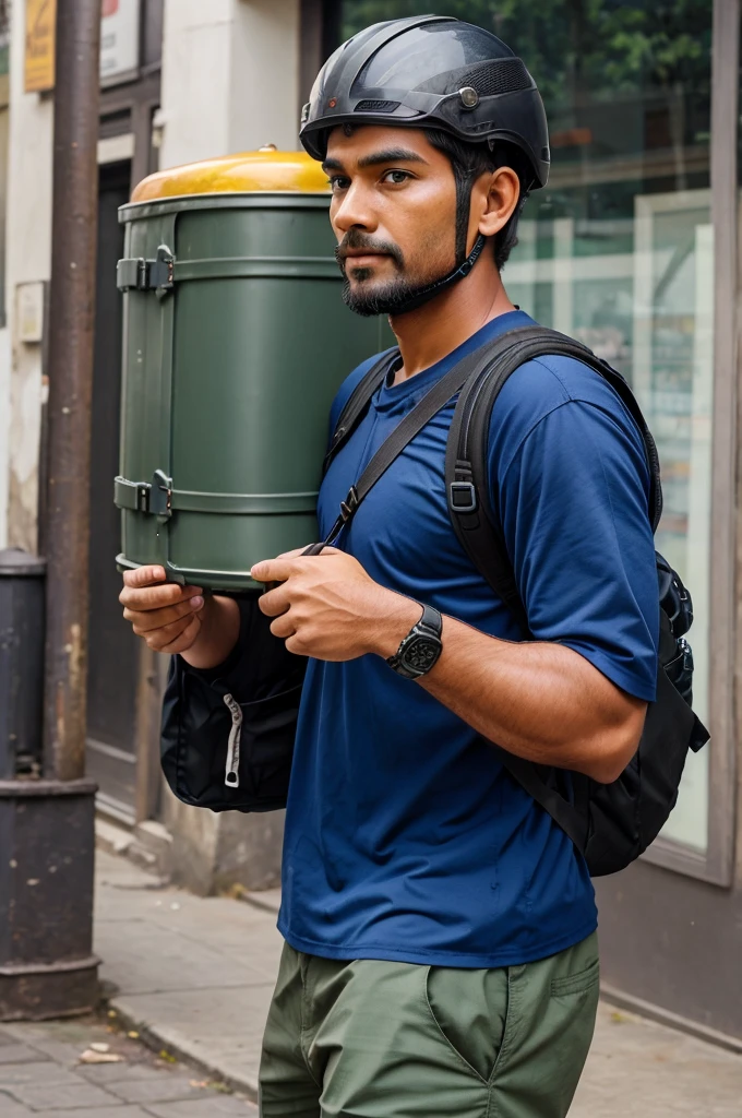 Man going to work, wear helmet, backpack and bring tiffin