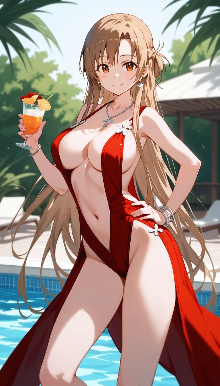 score_9,score_8_up,score_7_up,18 year old,1girl,asuna \(sao-alo\), sword art online,yuuki asuna,solo,nsfw,brown eyes, brown hair, long hair, bangs, braid,standing,leg up,hand on hip, holding cup,seductive-smile,blush,large breasts,brown hair,parted hair,long hair,red dress
,plunging neckline,long necklace,center opening,cleavage,navel,earrings,bracelet,pool ,
