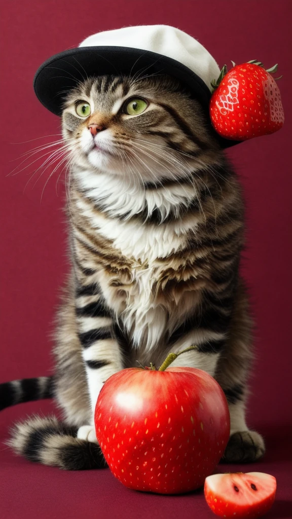 : 3. cat, realistic, hairy, clothed animal, apple, dark circles, blush, cherry, food, fruit, full body, hat, non-human, strawberry, tomato, watermelon