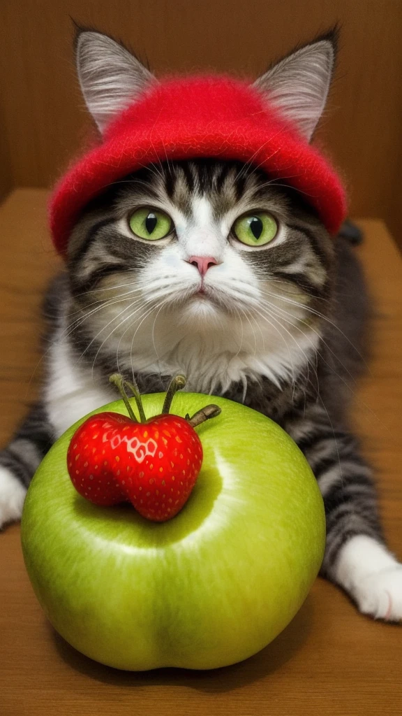 : 3. cat, realistic, hairy, clothed animal, apple, dark circles, blush, cherry, food, fruit, full body, hat, non-human, strawberry, tomato, watermelon