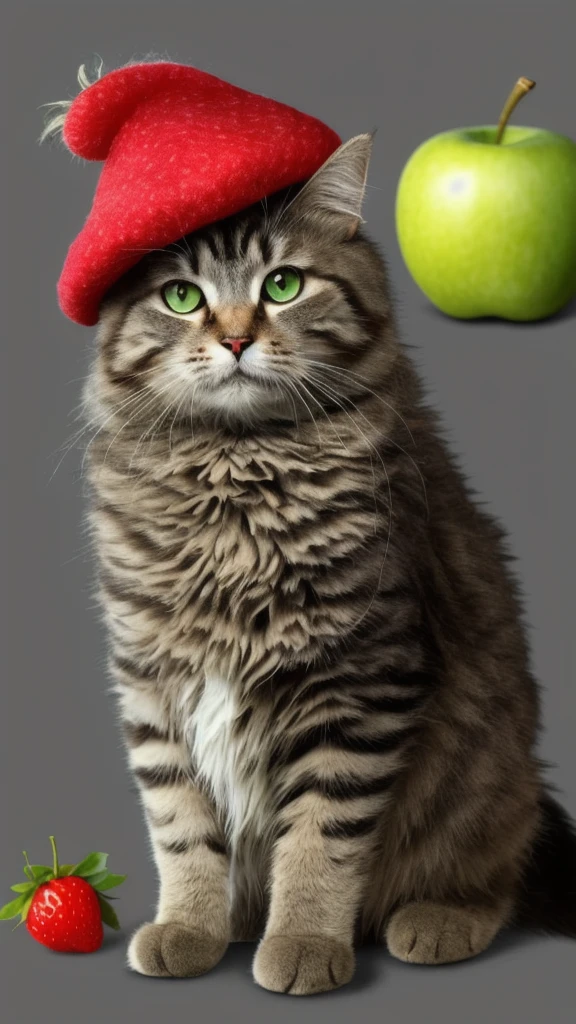 : 3. cat, realistic, hairy, clothed animal, apple, dark circles, blush, cherry, food, fruit, full body, hat, non-human, strawberry, tomato, watermelon