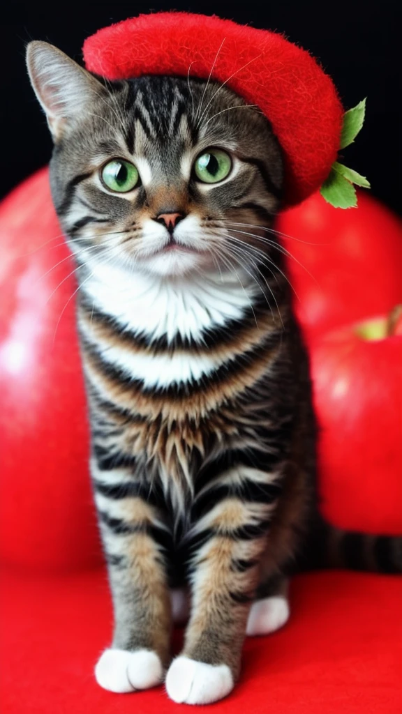 : 3. cat, realistic, hairy, clothed animal, apple, dark circles, blush, cherry, food, fruit, full body, hat, non-human, strawberry, tomato, watermelon