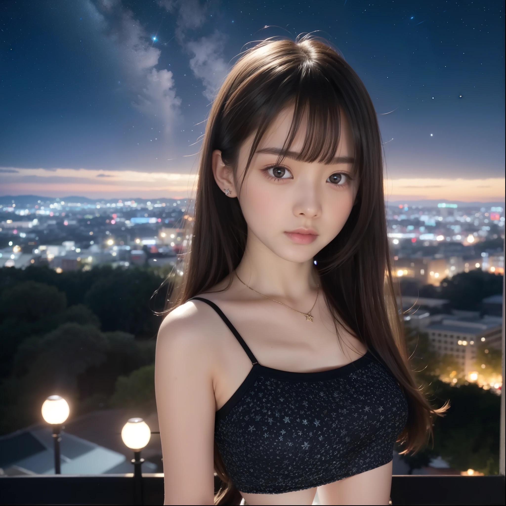 Beautiful images、universe、Fantasy、Shooting start or swarm、Teenage Girl、black eye、Hair length、Starry Sky、Japanese、high school girl、camisole、Fluttering mini skirt、