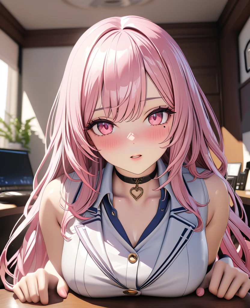 masterpiece, best quality, highly detailed, high resolution, expensive resolution, high resolution, 4k, 8k, Unity 8k wallpaper, highly detailed CG, masterpiece, 2d, 3d, beautiful details, depth, fine texture, best quality: 1.3, perfect focus, crispy skin, him, very cute anime 20s girl, sexy uniform in secretary department, big breasts, expensive pink medium long hair, secretary's office, mole under eye, looking at the viewer, expensive, blush, mole, parted lips, , heart, pink eyes, choker