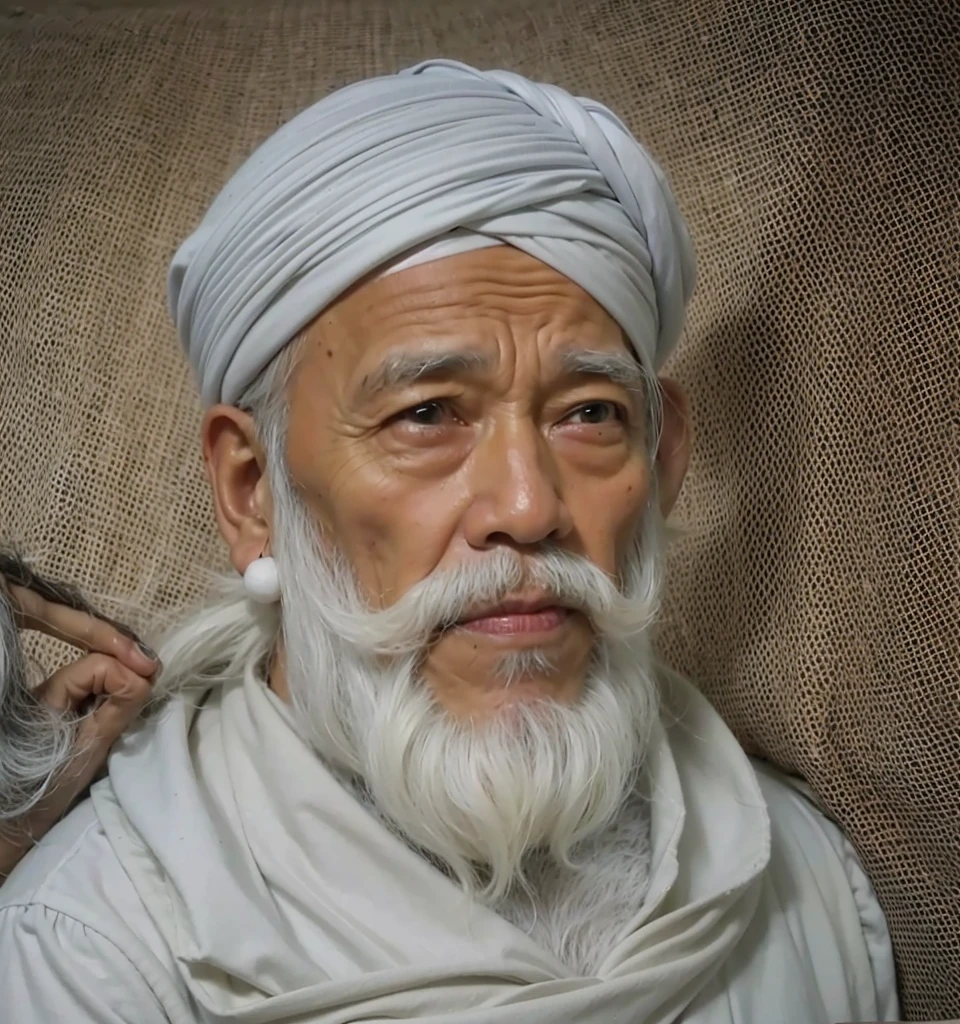 a realistis indonesian man face age 70 years wear a white turban and white beard,ultra hd 8k