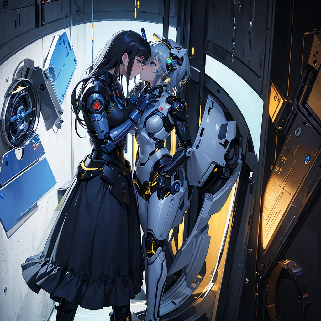 (masterpiece:1.2) (((32k))),(((Highest quality))), masterpiece, add_detail best quality, 8k, high resolution, Poster, Futuristic, blue shades, robotic man, love scene between a girl and a robot, girl and robot romantic scene, girl touching the robot check, in love, romantic, human girl and male robot, girl and robot in love, kissing, hugging, emotional