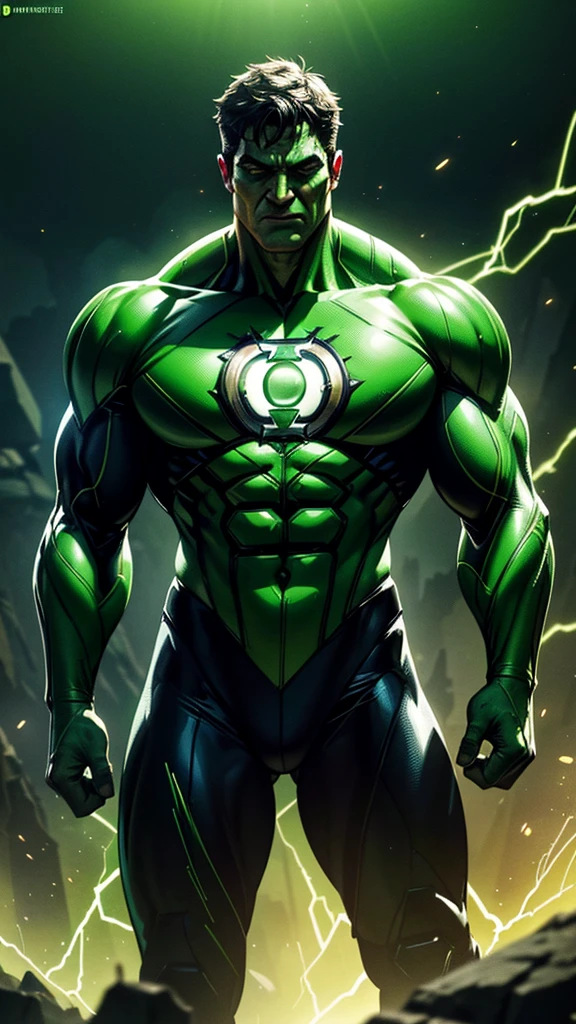 Green Lantern as Hulk. with green glowing eyes. intricate, hypermaximalist, elegant, hyper realistic, epic high details,full details,high resolution,dynamic slightblue lighting,rendering,realism,Photo-realistic, ultra realistic, octane render, unreal engine, hyper detailed, volumetric lighting, 8k reality, cinematic