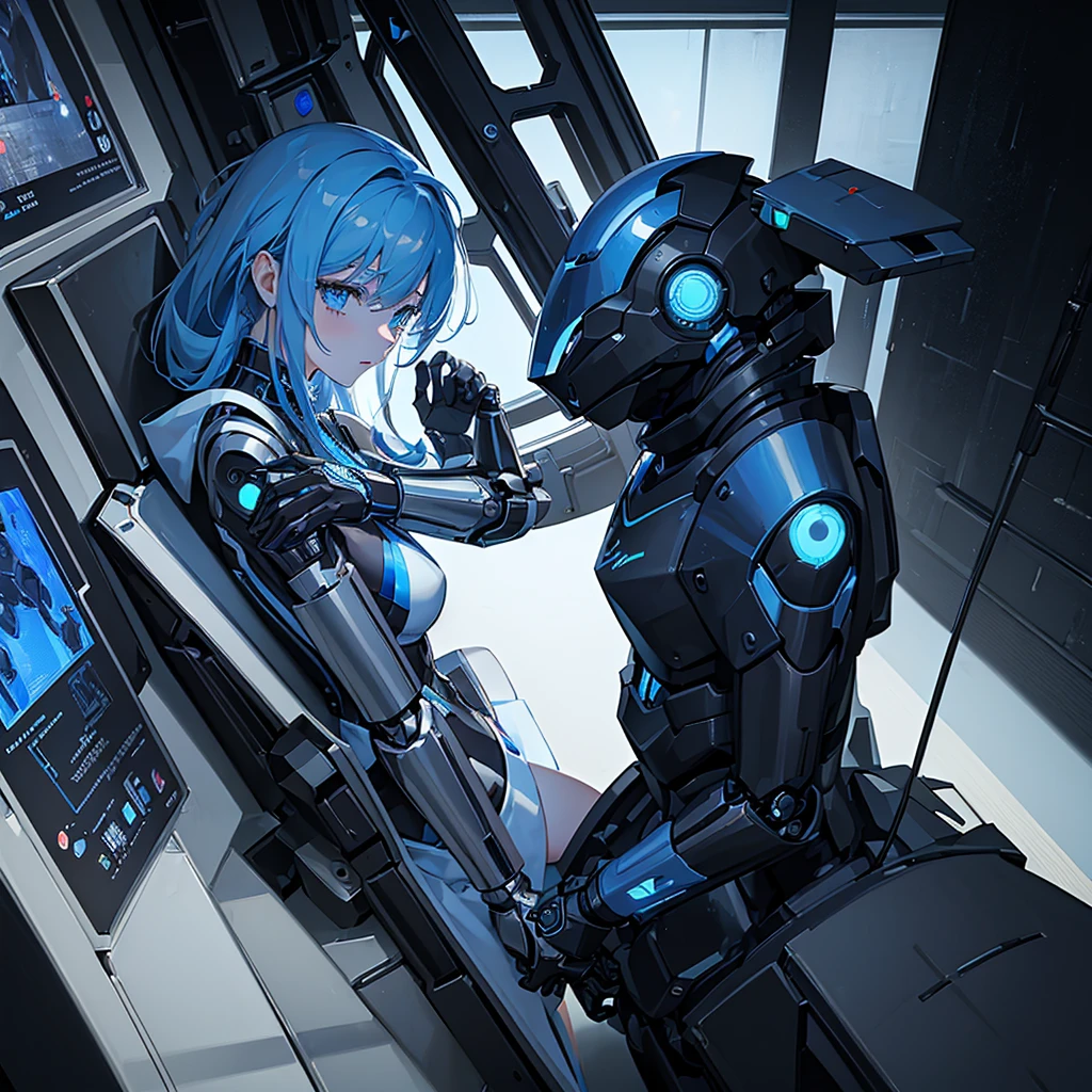 (masterpiece:1.2) (((32k))),(((Highest quality))), masterpiece, add_detail best quality, 8k, high resolution, Poster, Futuristic, blue shades, robotic man, love scene between a girl and a robot, girl and robot romantic scene, girl touching the robot check, in love, romantic, human girl and male robot, girl and robot in love, kissing, hugging, emotional