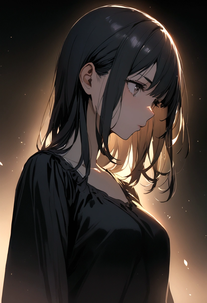 girl with long black hair without bangs and black blouse 